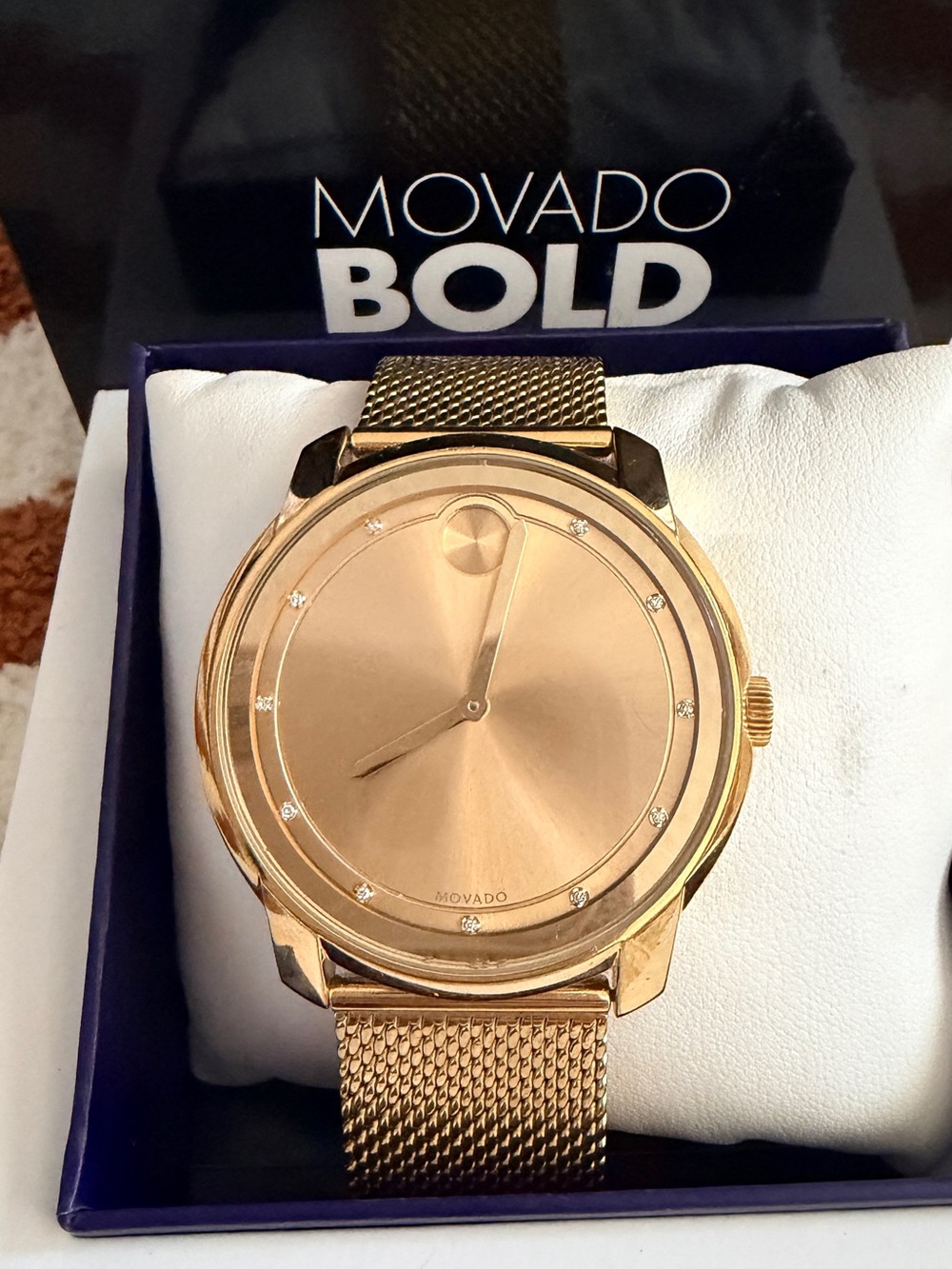 Movado Bold Men's Gold Mesh Bracelet Watch with Crystal Markers